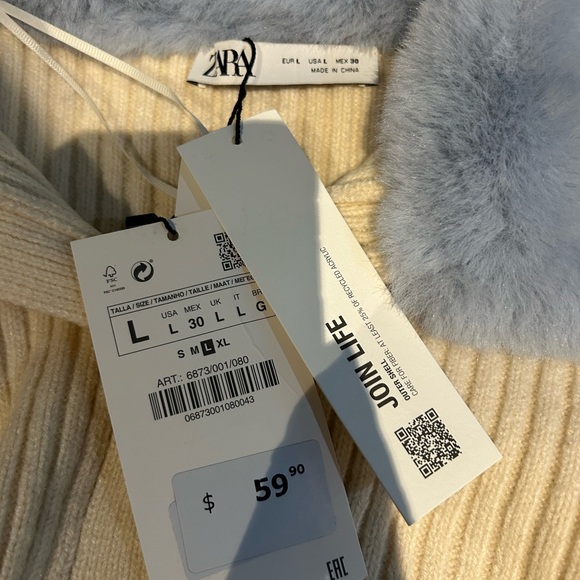 Zara Cream Ribbed Jacket with Blue Fur Collar - Picture 5 of 8